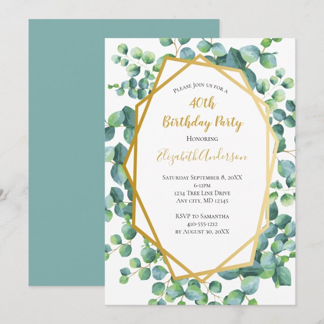 Invitation Eucalyptus Gold Greenery Fête d'anniversaire pour  (Devant / Derrière)