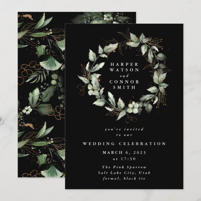 Invitation Eucalyptus Gold Noir Premium Wreath Verdure Moss (Devant / Derrière)