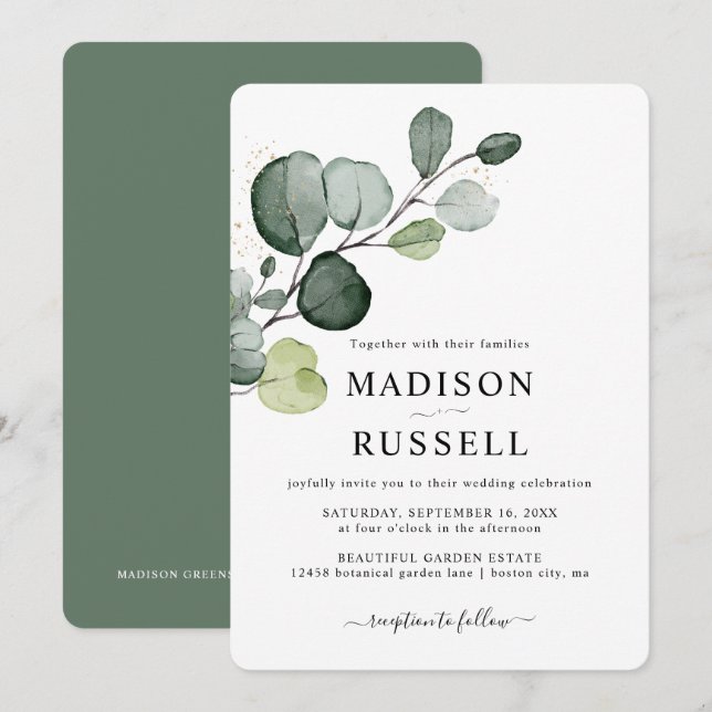 Invitation Eucalyptus Gold Splatter Mariage de verdure (Devant / Derrière)