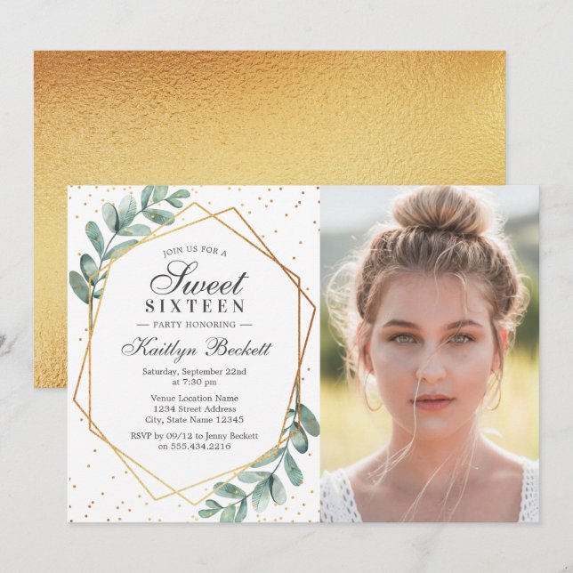 Invitation Eucalyptus Gold Sweet sixteen géométrique Photo (Devant / Derrière)