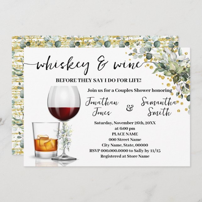 Invitation Eucalyptus Gold Whiskey & Wine Couples Douche (Devant / Derrière)