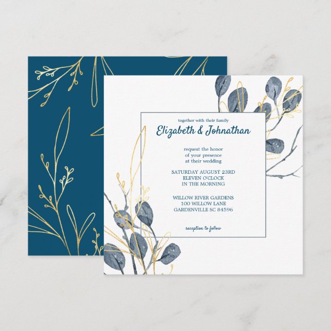 Invitation Eucalyptus Golden Garden Floral Mariage (Devant / Derrière)