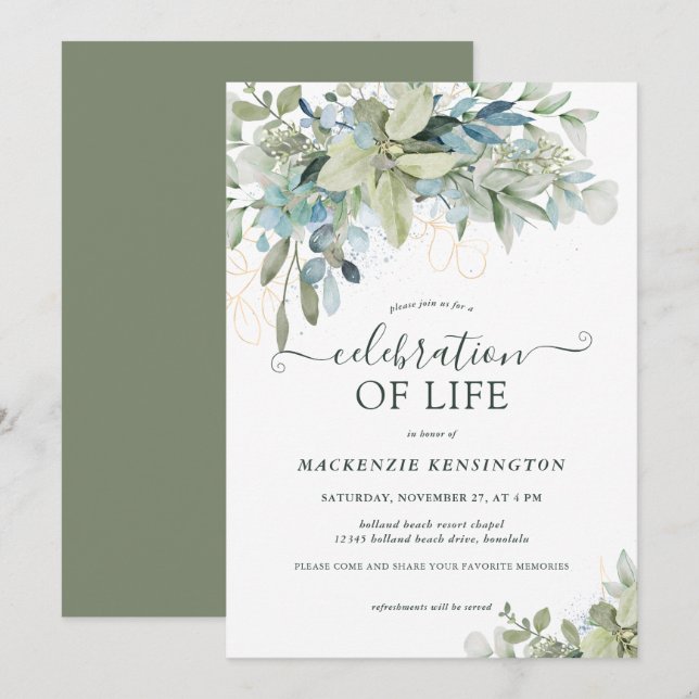 Invitation Eucalyptus Green Célébration de la vie Memorial (Devant / Derrière)