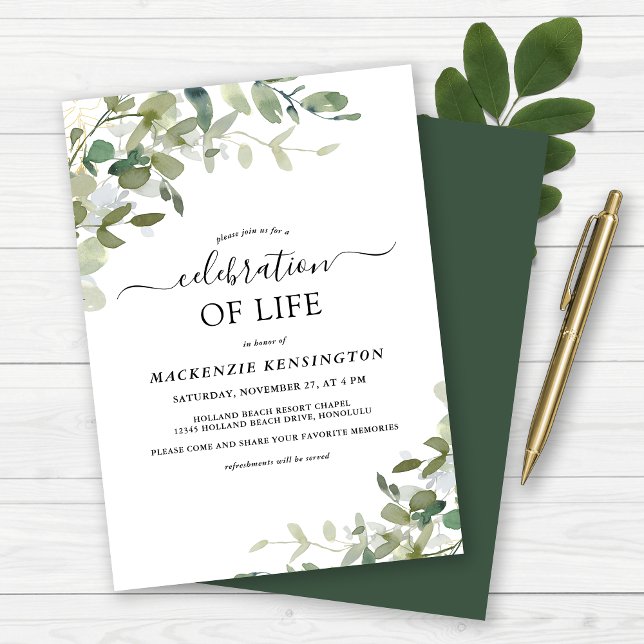 Invitation Eucalyptus Green Célébration de la vie Memorial (Eucalyptus Greenery Celebration of Life Memorial Invitation)