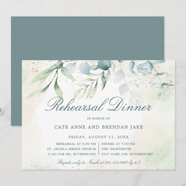 Invitation Eucalyptus Green Dîner De Répétition Élégant (Devant / Derrière)