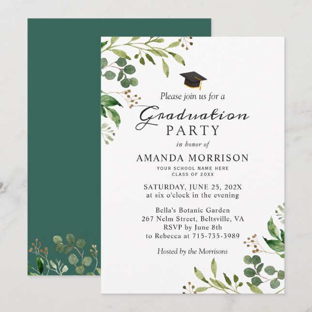 Invitation Eucalyptus Green Feuille de la Nature Graduation P (Devant / Derrière)