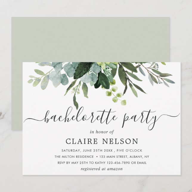 Invitation Eucalyptus Green Foliage Bachelorette Party (Devant / Derrière)