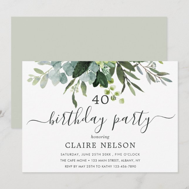 Invitation Eucalyptus Green Folithday Party (Devant / Derrière)