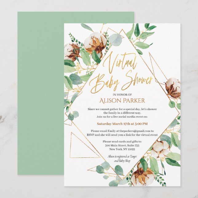 Invitation Eucalyptus Green Gold Baby shower virtuel (Devant / Derrière)