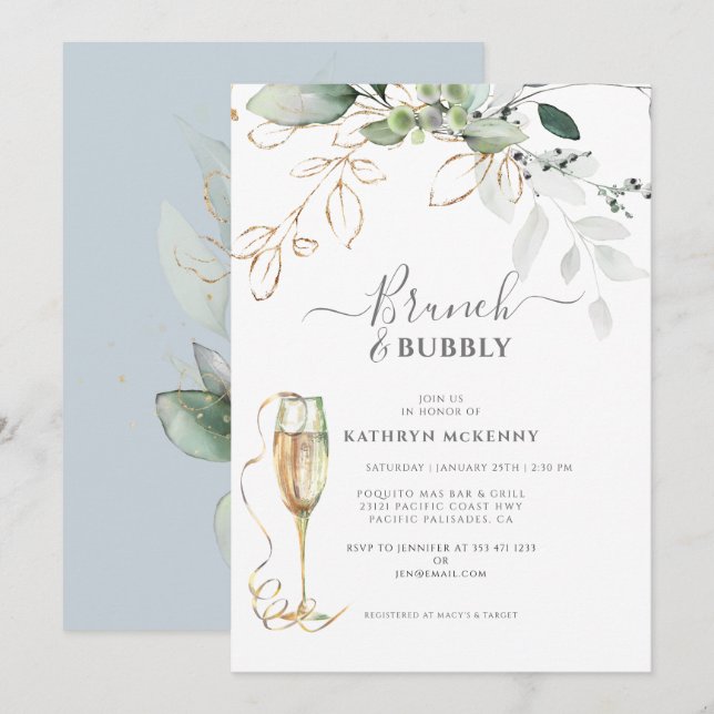 Invitation Eucalyptus Green Gold Dusty Fête des mariées bleue (Devant / Derrière)