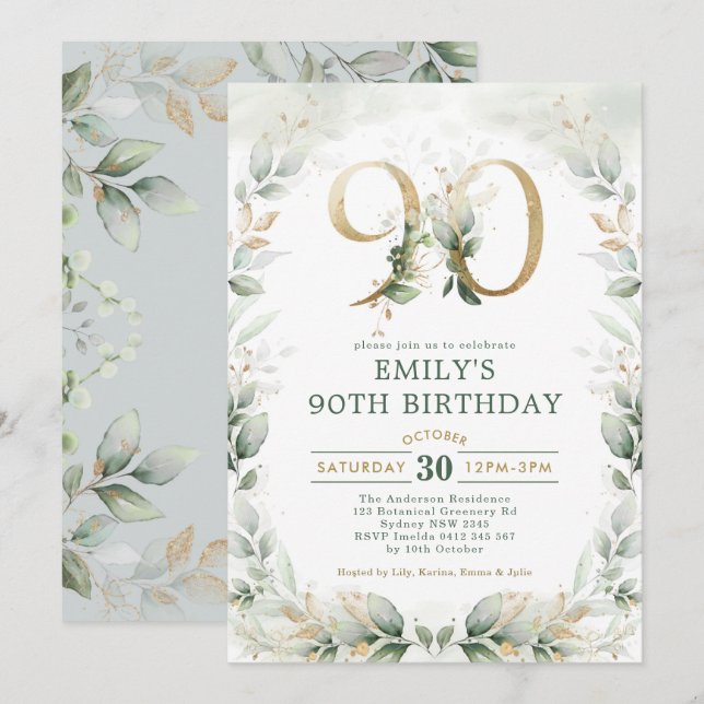 Invitation Eucalyptus Green Gold Garden 90e anniversaire (Devant / Derrière)