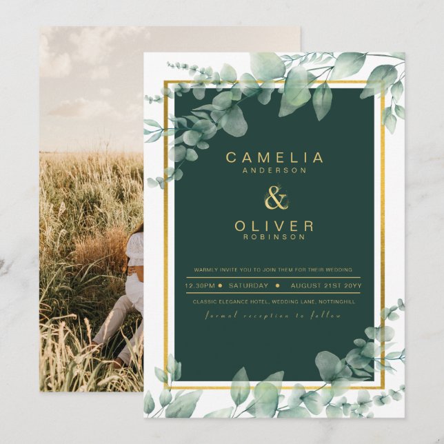 Invitation Eucalyptus Green Gold PHOTO MARIAGE INVITE (Devant / Derrière)