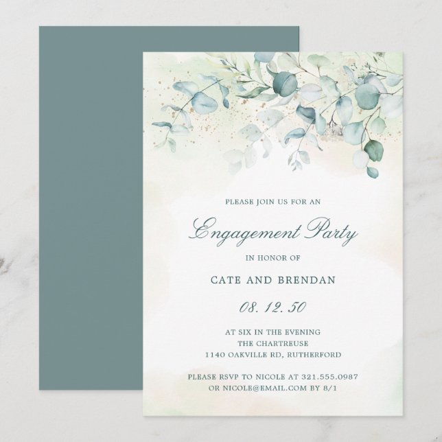 Invitation Eucalyptus Green Party d'engagement élégant (Devant / Derrière)