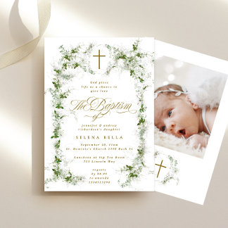 Invitation Eucalyptus Green White Frame Cross Baptême Photo