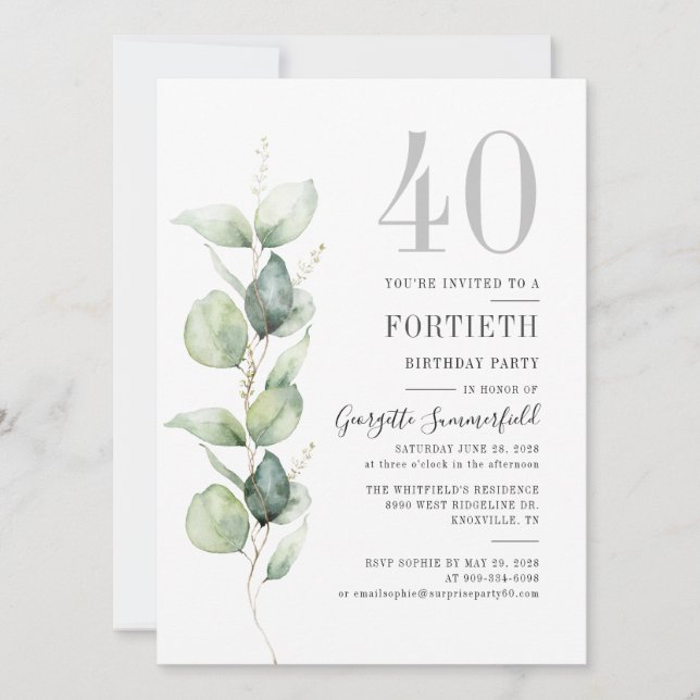 Invitation Eucalyptus Greenery 40ème anniversaire (Devant)