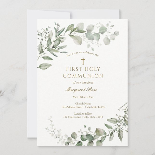 Invitation Eucalyptus Greenery First Communion Religious (Devant)