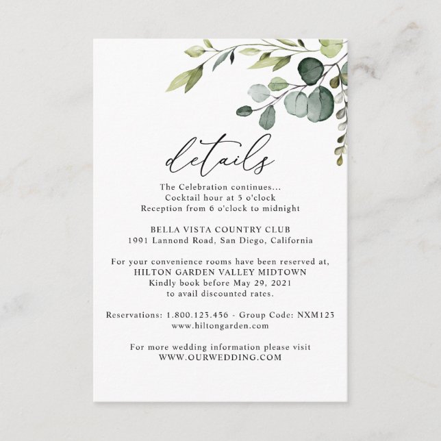 Invitation Eucalyptus Greenery Guest Information Details Card (Devant)