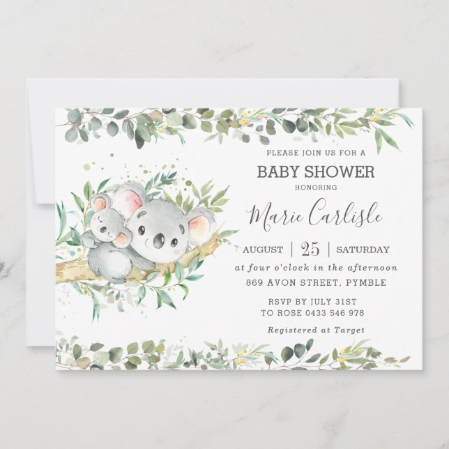 Invitation Eucalyptus Koala Baby shower neutre garçon (Devant)