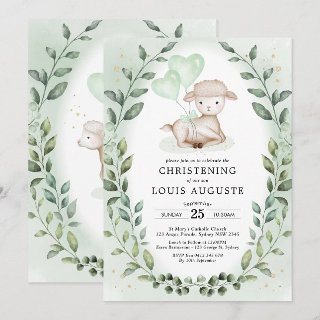 Invitation Eucalyptus Lamb Bébé Moutons Christening Baptême (Devant / Derrière)
