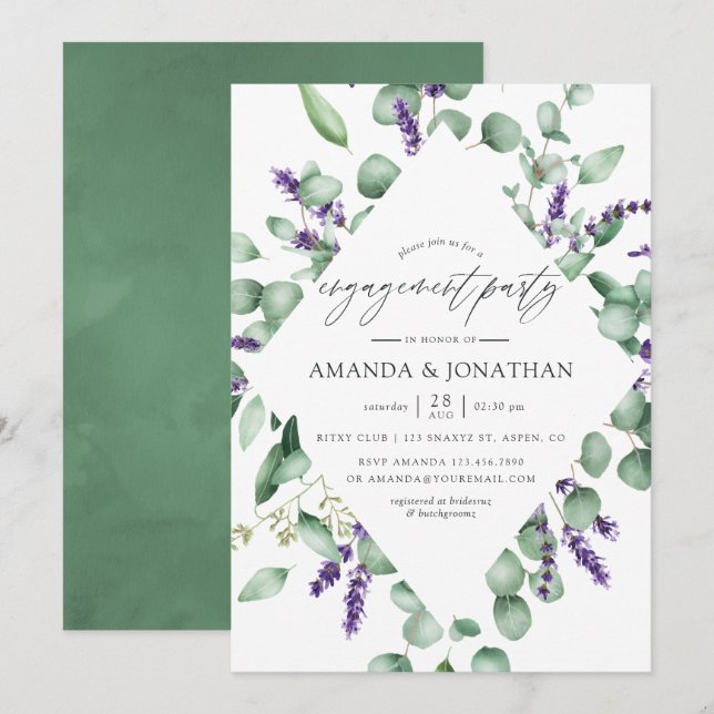 Invitation Eucalyptus Lavender Green Engagement Party (Devant / Derrière)
