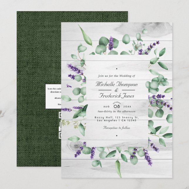 Invitation Eucalyptus Lavender Russe Pays Code QR Mariage (Devant / Derrière)