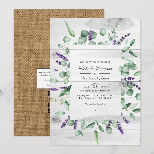 Invitation Eucalyptus Lavender Russe Pays Code QR Mariage (Devant / Derrière)