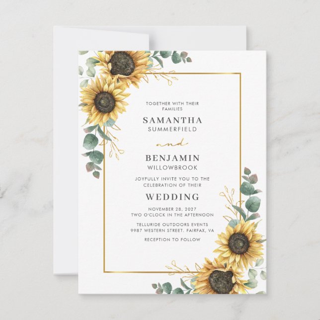 Invitation Eucalyptus Mariage géométrique floral tournesol (Devant)