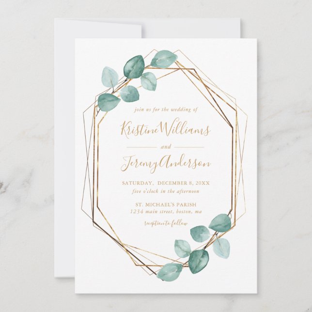 Invitation Eucalyptus moderne Aquarelle Or Script Mariage I (Devant)