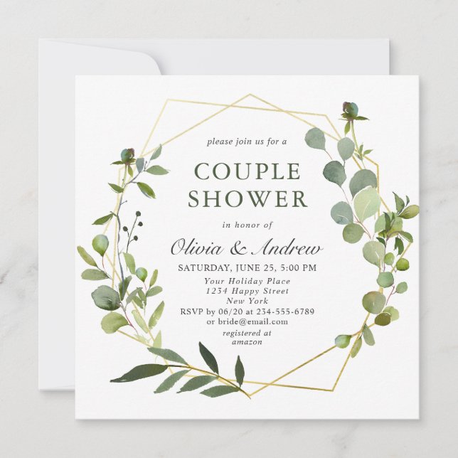 Invitation Eucalyptus moderne Cadre géométrique DOUCHE EN COU (Devant)