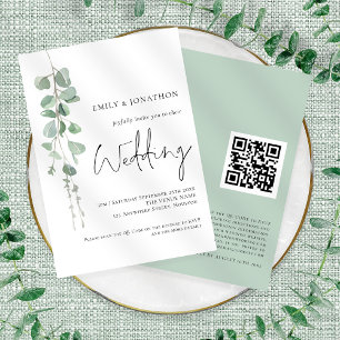 Invitation Eucalyptus moderne Élégant script QR Code Mariage