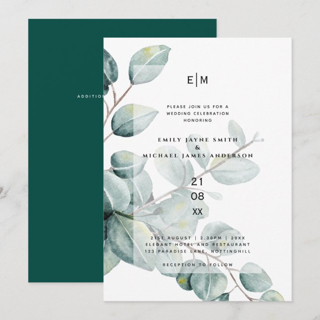 Invitation Eucalyptus moderne Feuille mariage vert invite (Devant / Derrière)