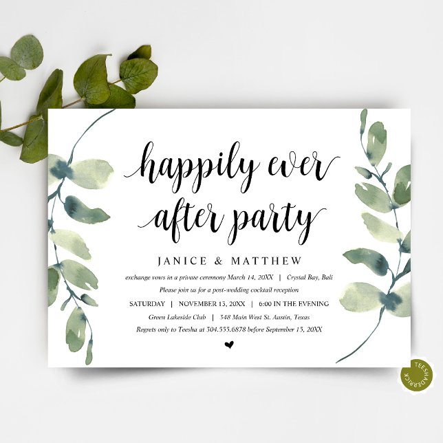 Invitation Eucalyptus Moderne, Noir, Mariage Party Elopement (Wedding Elopement Party,  Dinner and Dancing Invitation Card, in Modern Eucalyptus Greenery themed)
