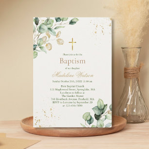 Invitation Eucalyptus moderne Vert Croix d'or Baptême