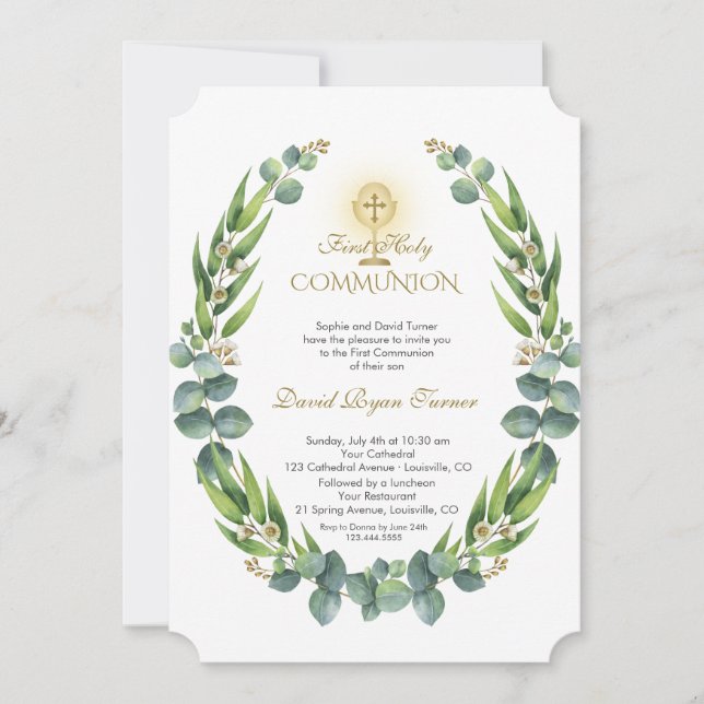 Invitation Eucalyptus moderne Wreath Gold Holy Communion (Devant)
