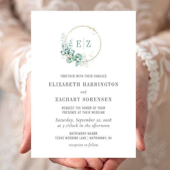 Invitation Eucalyptus Monogram Wreath Watercolor Mariage (Créateur téléchargé)