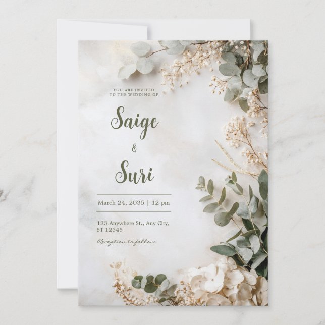 Invitation Eucalyptus neutre Mariage floral (Devant)
