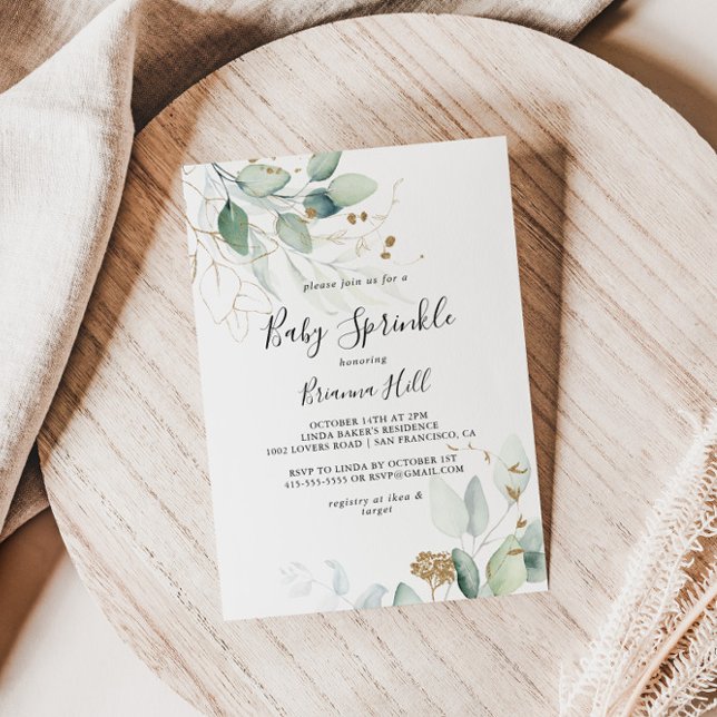 Invitation Eucalyptus Or Calligraphie Bébé Parsemer (Créateur téléchargé)