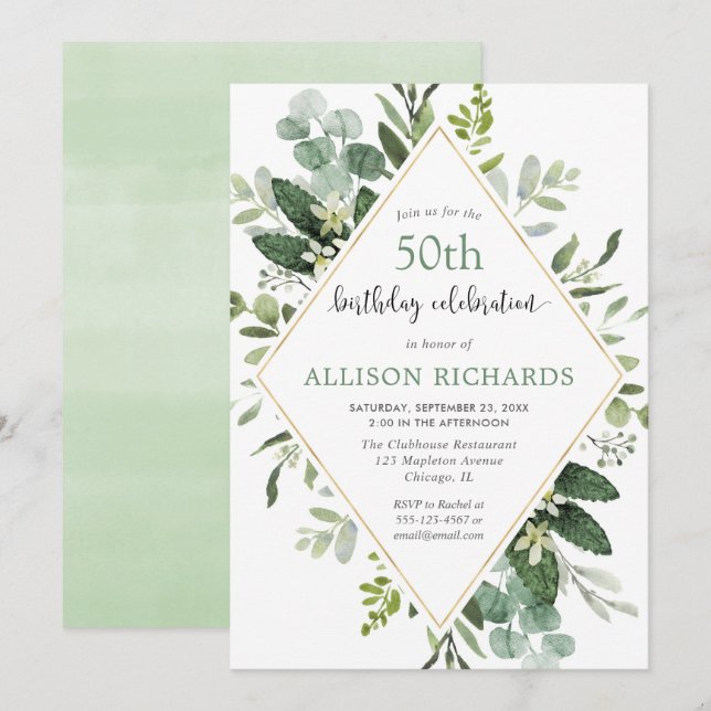 Invitation Eucalyptus or tout âge adulte fête d'anniversaire (Devant / Derrière)