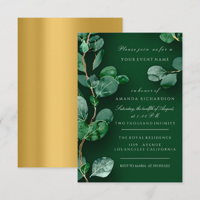Invitation Eucalyptus Or Vert Mariage Anniversaire (Devant / Derrière)