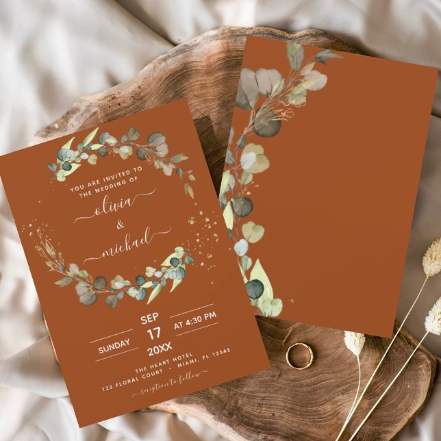 Invitation Eucalyptus Orange Brûlé Mariage Élégant (Créateur téléchargé)
