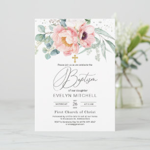 Invitation Eucalyptus Peony Fleurs de pavot Croix Baptême