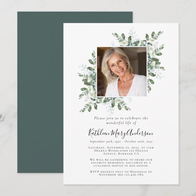Invitation Eucalyptus Photo Célébration du Mémorial de Vie (Devant / Derrière)