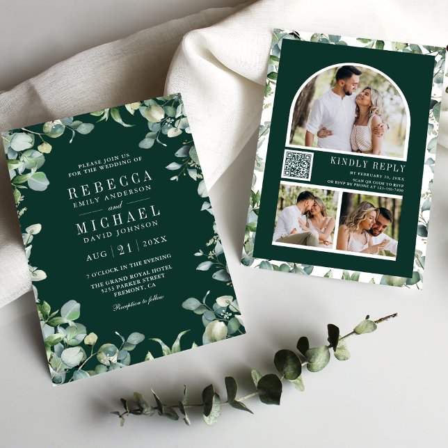 Invitation Eucalyptus Photo Collage QR Code Emerald Wedding (Créateur téléchargé)