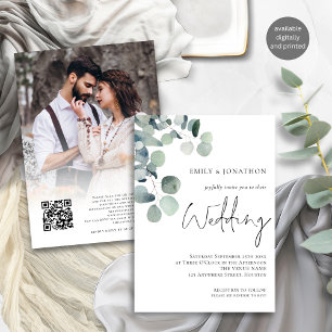 Invitation Eucalyptus Photo Overlay Script QR Code Mariage