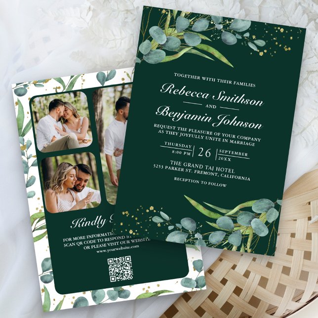 Invitation Eucalyptus Photo QR Code Emerald Green Wedding (Créateur téléchargé)