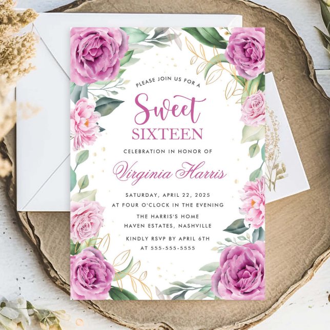 Invitation Eucalyptus Purple Sweet sixteen Floral 16 Annivers (Créateur téléchargé)