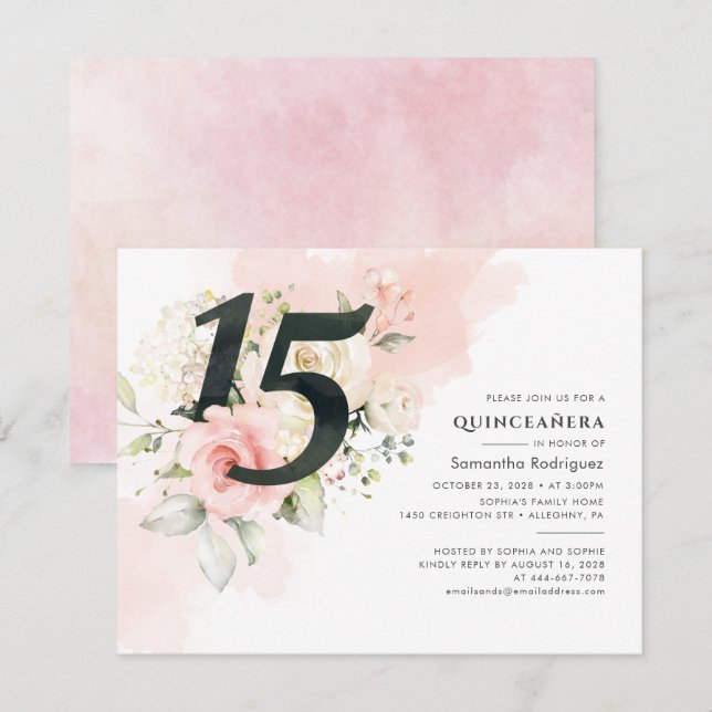 Invitation Eucalyptus Quinceanera rose 15e anniversaire (Devant / Derrière)