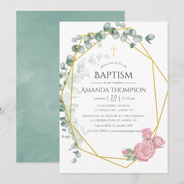 Invitation Eucalyptus Rose Baptême géométrique ou baptême (Devant / Derrière)