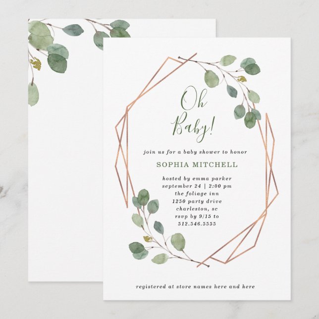 Invitation Eucalyptus Rose géométrique Baby shower or Oh Baby (Devant / Derrière)