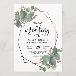 Invitation Eucalyptus rose géométrique cadre or mariage